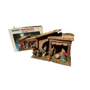 Vintage Sears Nativity Holiday Set Italy 7 Figures Wood Moss Roof Box READ